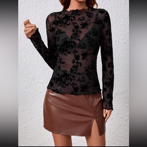 Black Floral Pattern Mesh Long Sleeve Fitted Sheer Shirt Stretchy - Picture 4 of 6
